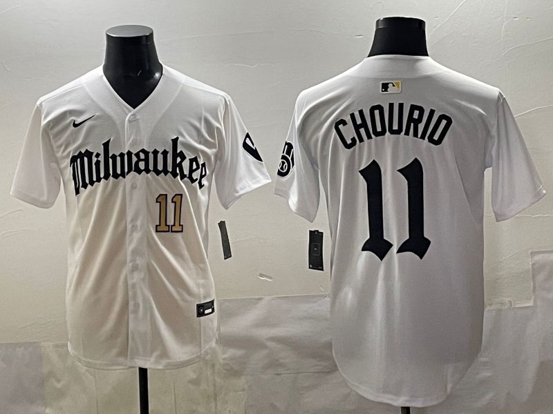 Men 2025 Milwaukee Brewers #11 Chourio White Five generations Joint Name Nike MLB Jersey style 03